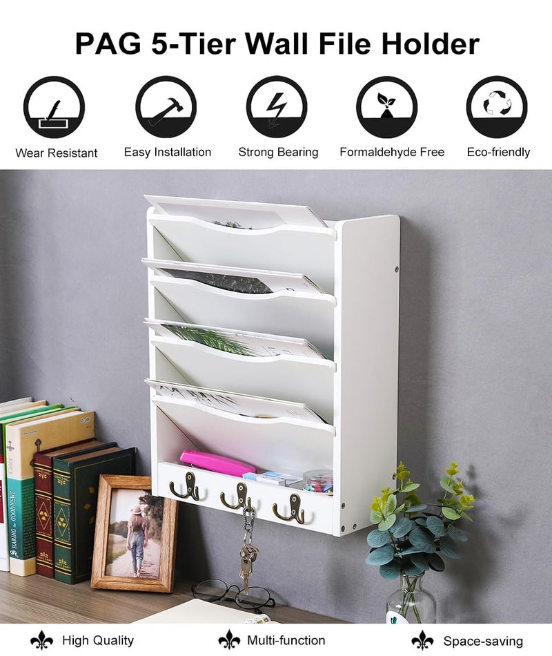 PAG 5-Tier Wall File Holder Hanging Mail Organizer Wood Magazine Literature Rack with 6 Hooks, White - Image 5